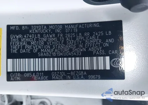 2019 Lexus Es 350 from USA, damaged, VIN 58ABZ1B19KU045433